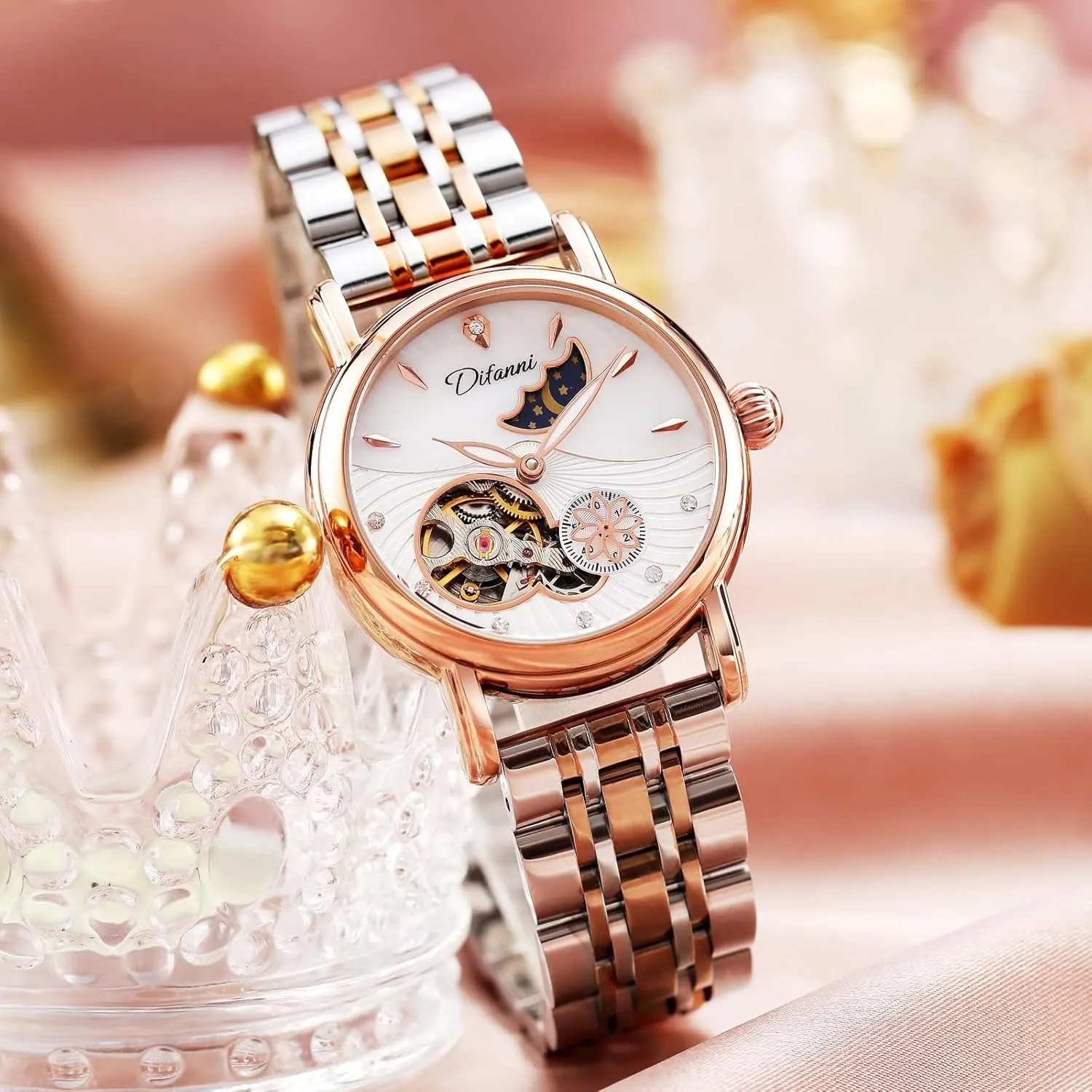 Watch Stainless Steel Mechanical Wristwatch intimate financier academy Women's Fashion Trend Sun Moon Stars Multi-Functional Watches Rotatable Flowers Female 