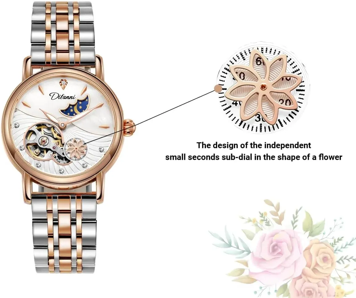 Watch Stainless Steel Mechanical Wristwatch intimate financier academy Women's Fashion Trend Sun Moon Stars Multi-Functional Watches Rotatable Flowers Female 