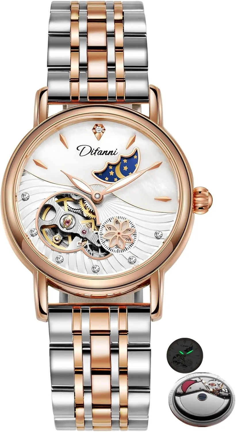 Watch Stainless Steel Mechanical Wristwatch intimate financier academy Women's Fashion Trend Sun Moon Stars Multi-Functional Watches Rotatable Flowers Female 