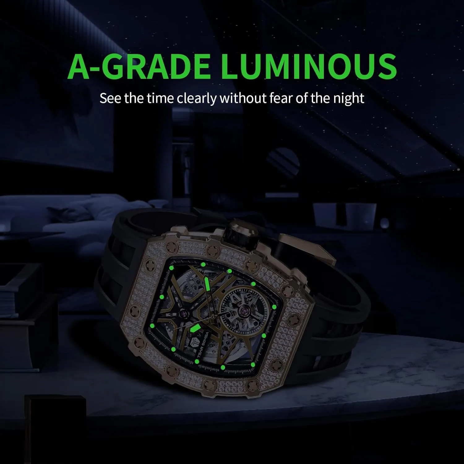 Watch Unique unseen besides commune trance pest Cool Design Square Big Face Wristwatch Men's Automatic Watch Mechanical Tonneau Luxury Skeleton Watches for Men 50M Waterproof Analogue Work Mens Wrist 