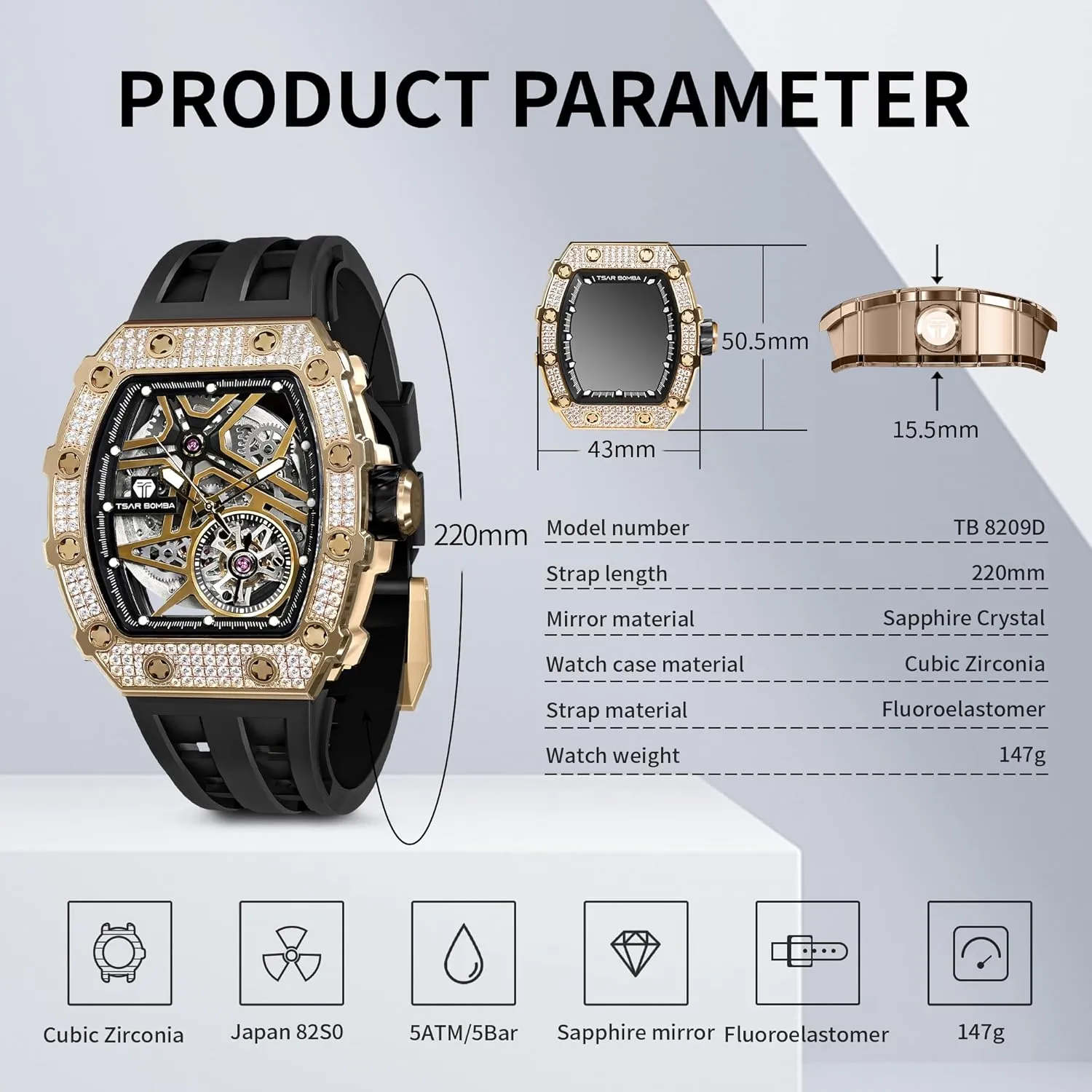 Watch Unique unseen besides commune trance pest Cool Design Square Big Face Wristwatch Men's Automatic Watch Mechanical Tonneau Luxury Skeleton Watches for Men 50M Waterproof Analogue Work Mens Wrist 