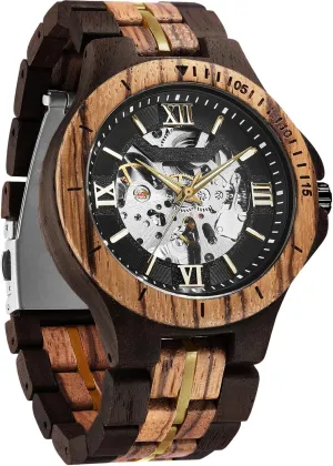 Watch, Vintage Wooden Band with Hollow Dial Wristwatch, Automatic Self-wind Men Watches FORSINING Men's Solid rigid Wood Mechanical Skeleton 