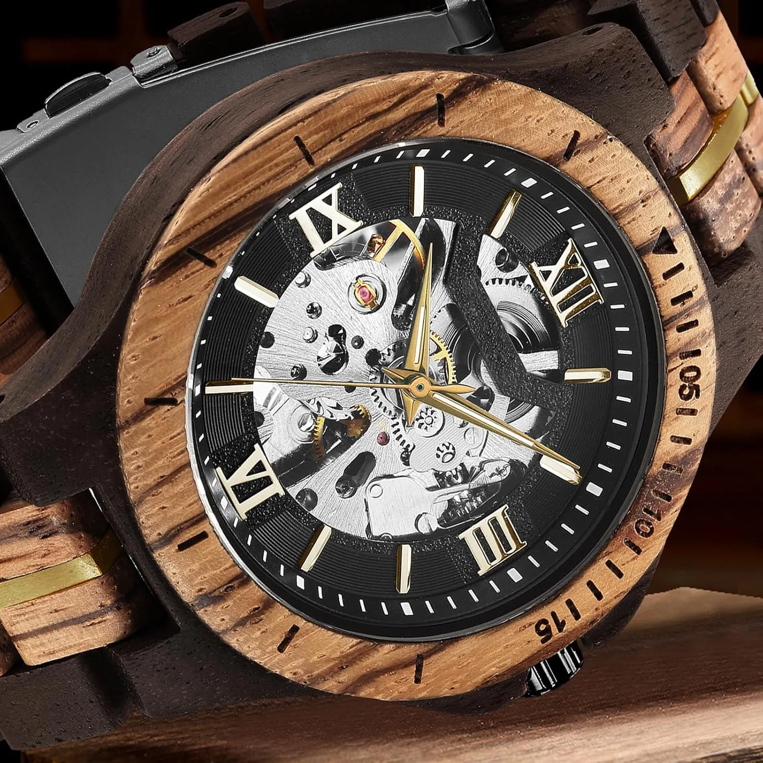 Watch, Vintage Wooden Band with Hollow Dial Wristwatch, Automatic Self-wind Men Watches FORSINING Men's Solid rigid Wood Mechanical Skeleton 