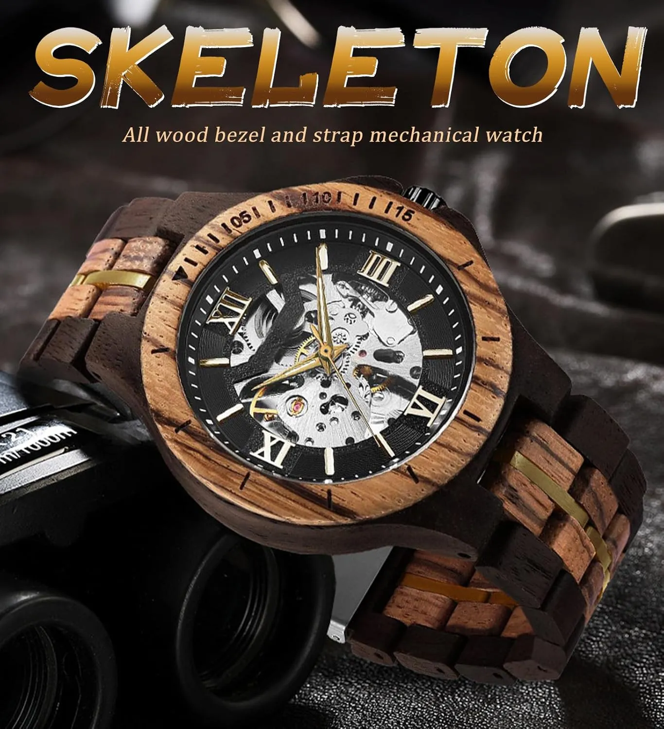 Watch, Vintage Wooden Band with Hollow Dial Wristwatch, Automatic Self-wind Men Watches FORSINING Men's Solid rigid Wood Mechanical Skeleton 