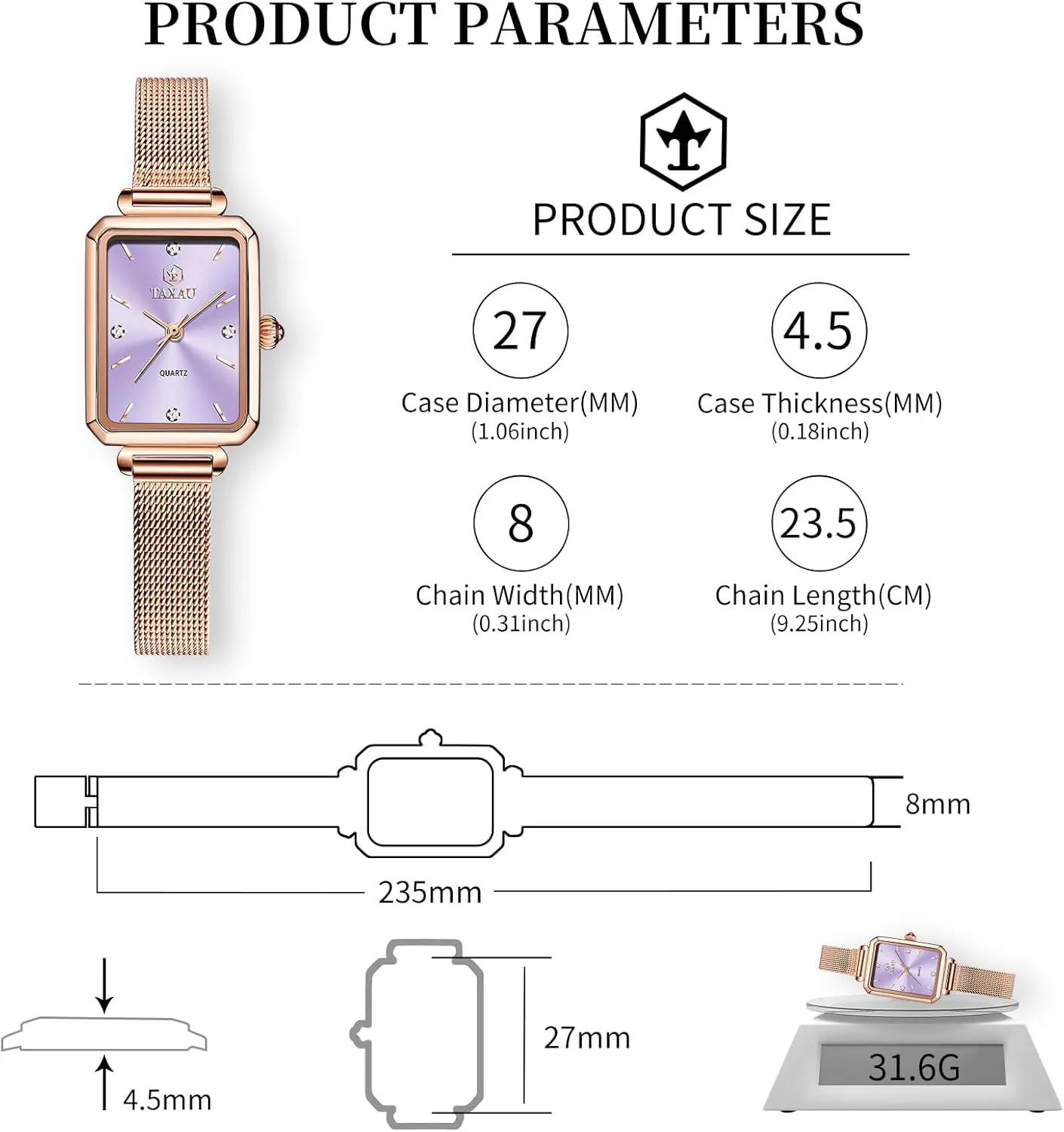 Watch Waterproof Thin Watch critically Easy Read Analog Quartz Minimalist Women Watch Reloj de Mujer Women Watches Rose Gold Mesh Womens Watches for Small Wrists Classic Square Diamond 