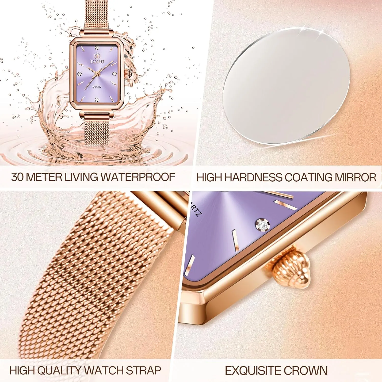Watch Waterproof Thin Watch critically Easy Read Analog Quartz Minimalist Women Watch Reloj de Mujer Women Watches Rose Gold Mesh Womens Watches for Small Wrists Classic Square Diamond 
