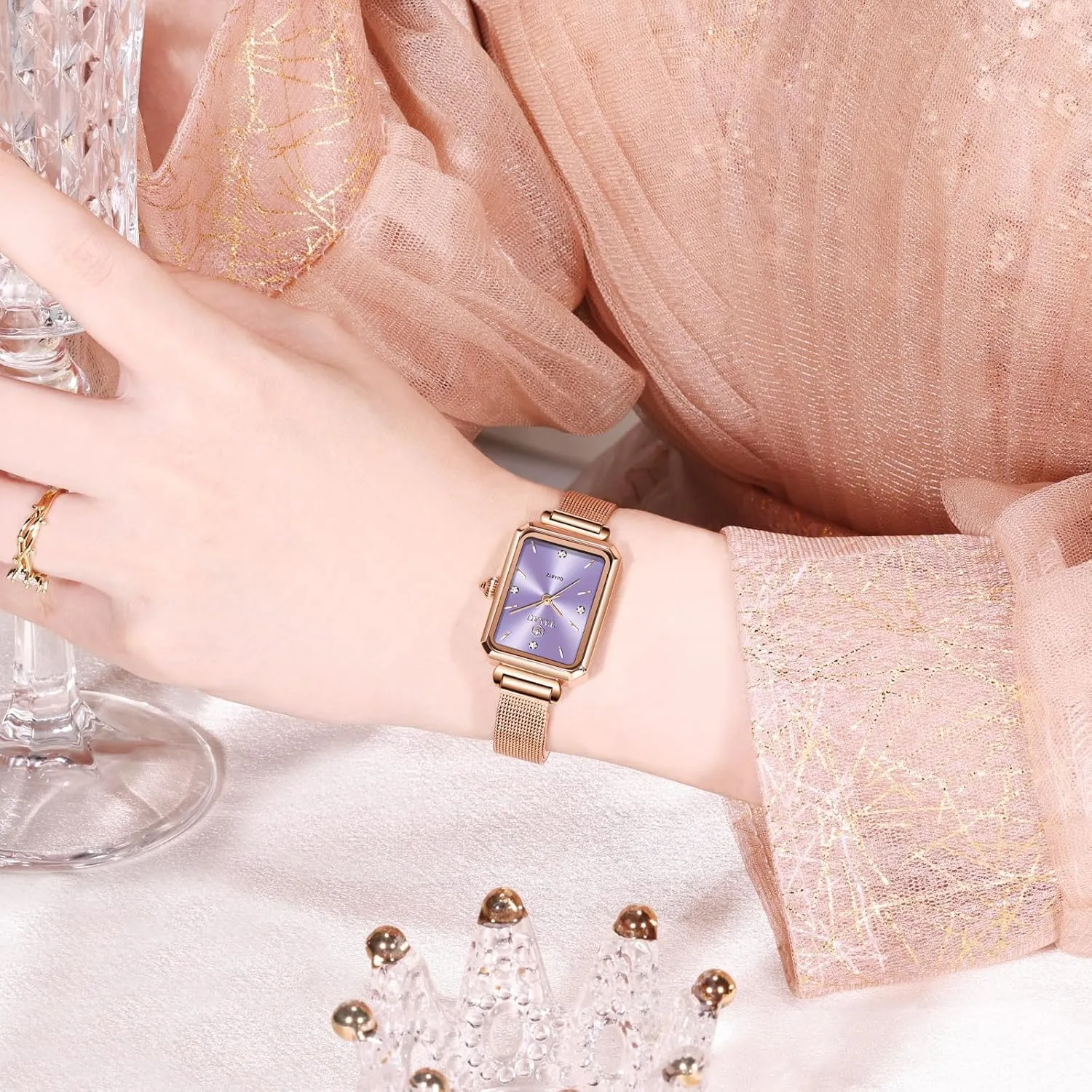 Watch Waterproof Thin Watch critically Easy Read Analog Quartz Minimalist Women Watch Reloj de Mujer Women Watches Rose Gold Mesh Womens Watches for Small Wrists Classic Square Diamond 