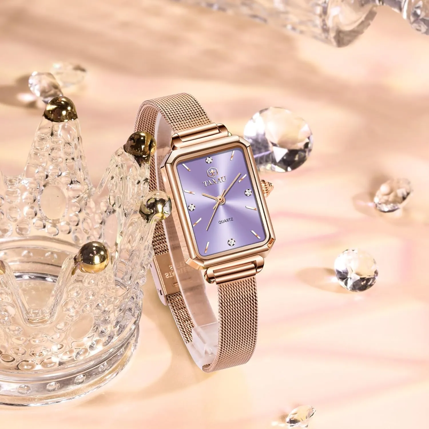 Watch Waterproof Thin Watch critically Easy Read Analog Quartz Minimalist Women Watch Reloj de Mujer Women Watches Rose Gold Mesh Womens Watches for Small Wrists Classic Square Diamond 