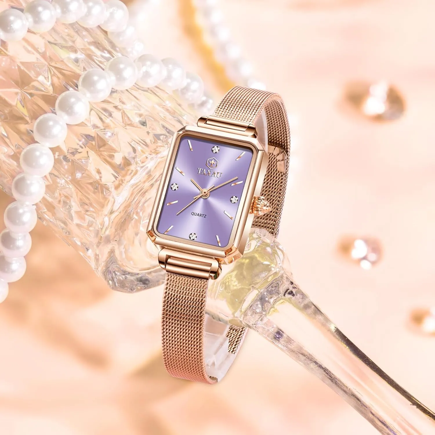 Watch Waterproof Thin Watch critically Easy Read Analog Quartz Minimalist Women Watch Reloj de Mujer Women Watches Rose Gold Mesh Womens Watches for Small Wrists Classic Square Diamond 