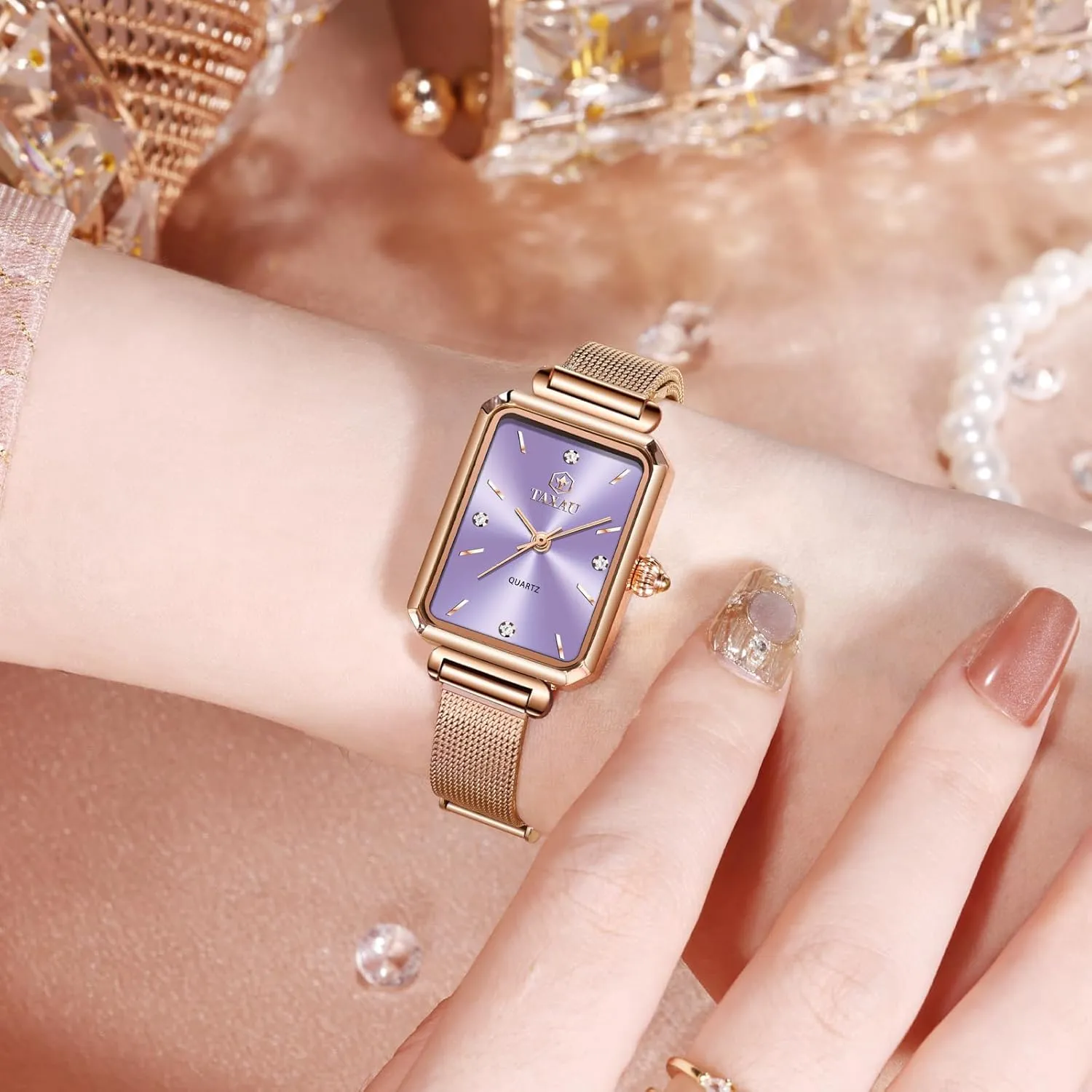 Watch Waterproof Thin Watch critically Easy Read Analog Quartz Minimalist Women Watch Reloj de Mujer Women Watches Rose Gold Mesh Womens Watches for Small Wrists Classic Square Diamond 