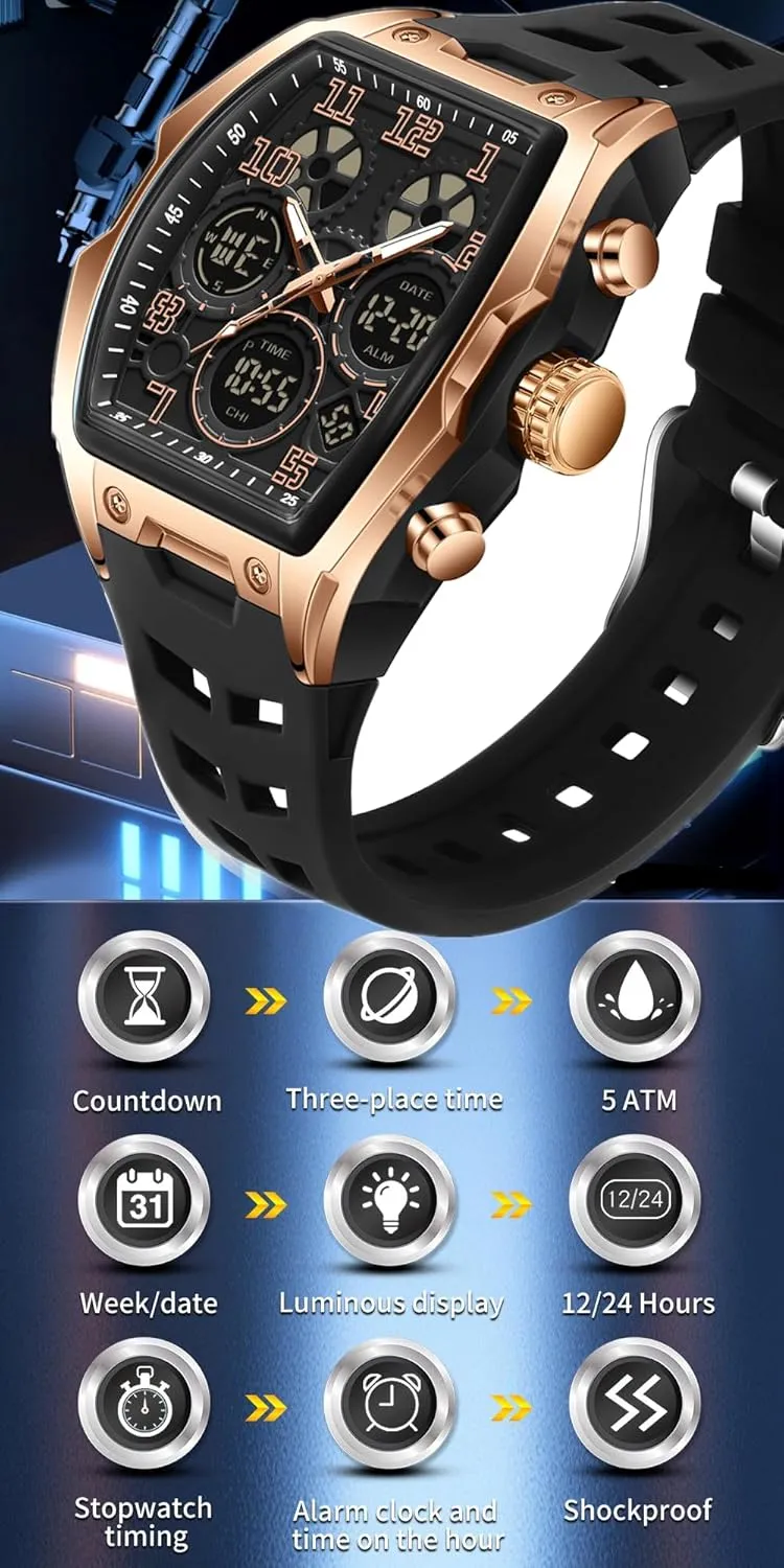 Watch White Wristwatch with encompass unify airborne lateral Alarm,Stopwatch,Countdown,Hourly Chime,Luminous and Waterproof Multi-Function Watch Mens Watches for Men Unique Rectangle Watches Military Digital Analog Sports Outdoor 