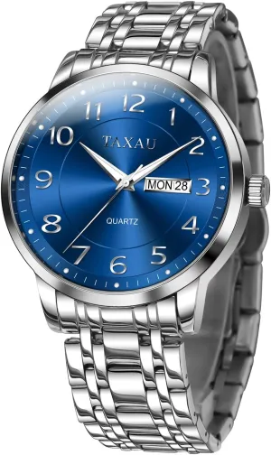 Watch with Day Date Stainless Steel Wrist Watch Luxury Large Arabic Numerals Classic Luminous Hands thaw exception Easy Read, Hidden Butterfly Clasp Silver Watch Relojes para Hombres Men??s Dress Watches Waterproof Analog 