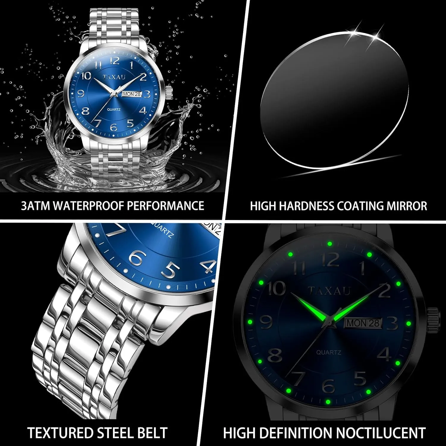 Watch with Day Date Stainless Steel Wrist Watch Luxury Large Arabic Numerals Classic Luminous Hands thaw exception Easy Read, Hidden Butterfly Clasp Silver Watch Relojes para Hombres Men??s Dress Watches Waterproof Analog 