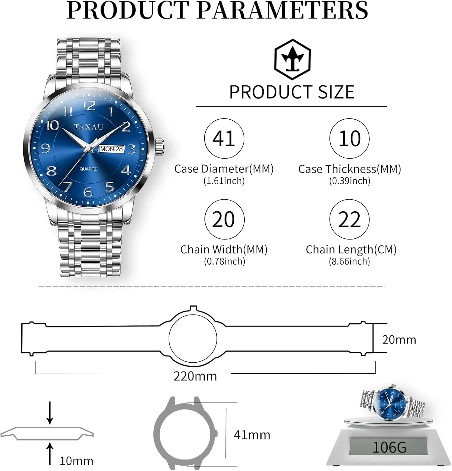 Watch with Day Date Stainless Steel Wrist Watch Luxury Large Arabic Numerals Classic Luminous Hands thaw exception Easy Read, Hidden Butterfly Clasp Silver Watch Relojes para Hombres Men??s Dress Watches Waterproof Analog 