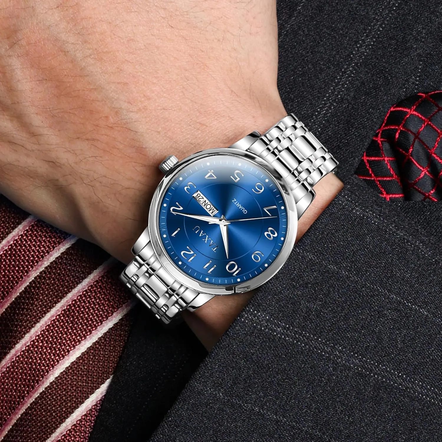 Watch with Day Date Stainless Steel Wrist Watch Luxury Large Arabic Numerals Classic Luminous Hands thaw exception Easy Read, Hidden Butterfly Clasp Silver Watch Relojes para Hombres Men??s Dress Watches Waterproof Analog 