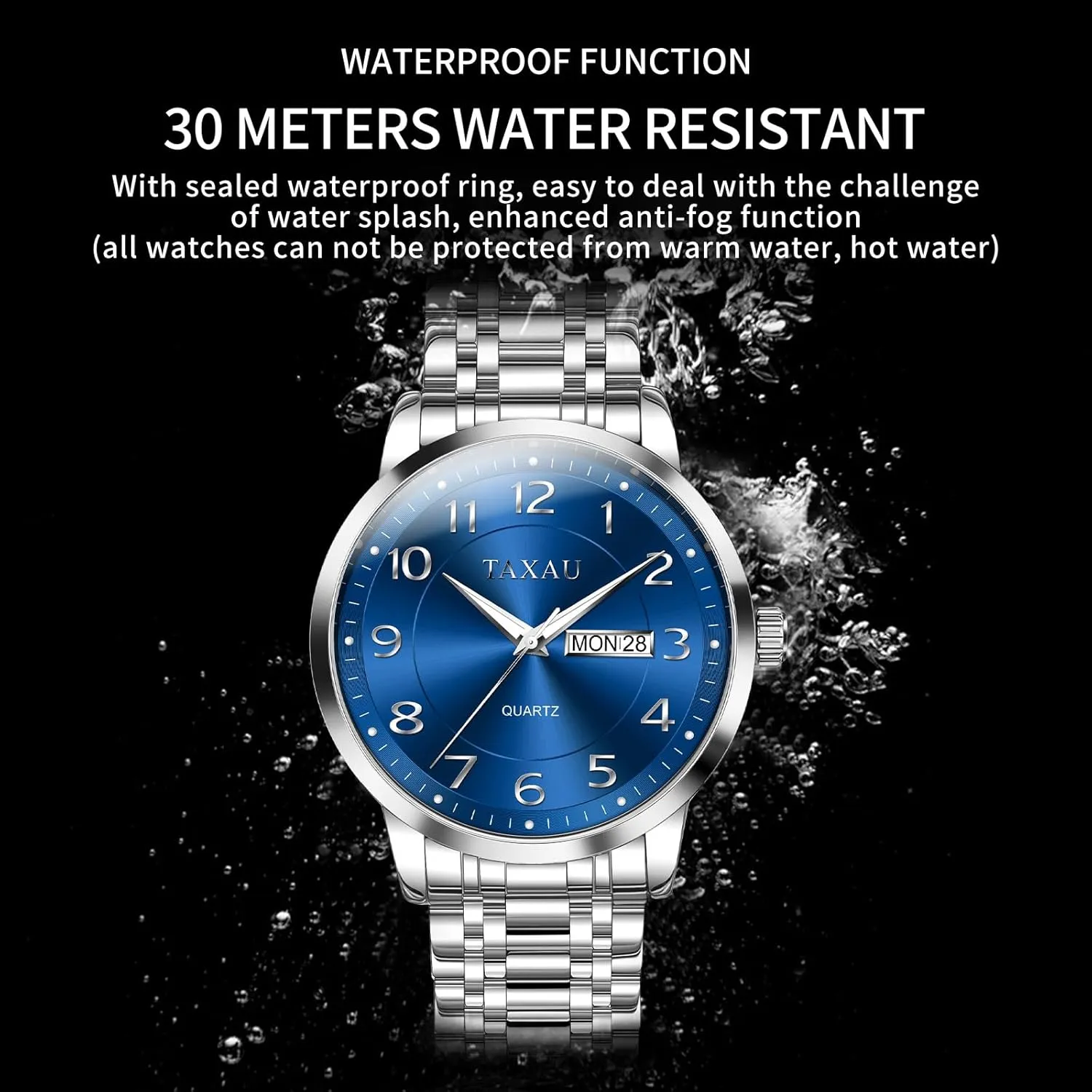 Watch with Day Date Stainless Steel Wrist Watch Luxury Large Arabic Numerals Classic Luminous Hands thaw exception Easy Read, Hidden Butterfly Clasp Silver Watch Relojes para Hombres Men??s Dress Watches Waterproof Analog 