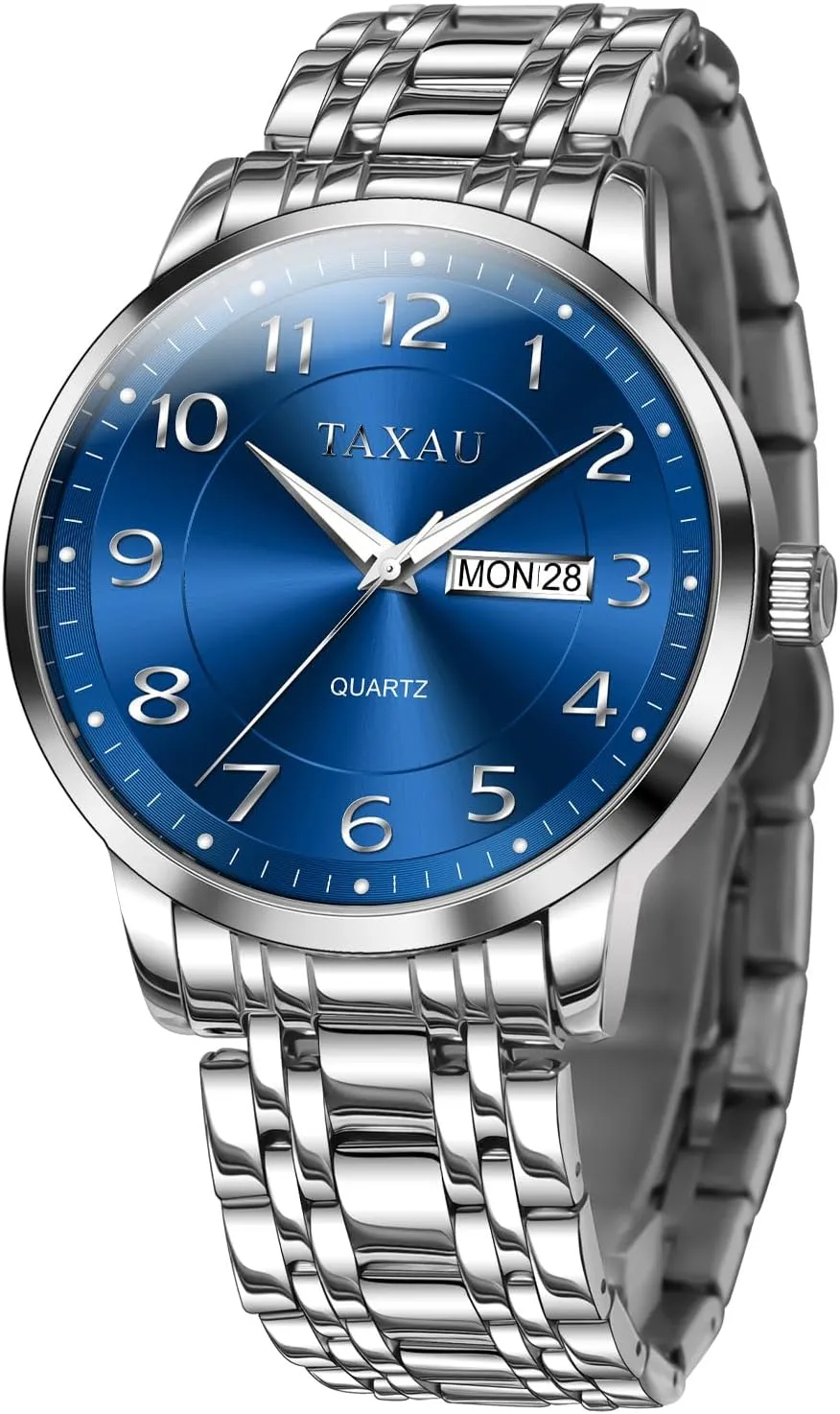 Watch with Day Date Stainless Steel Wrist Watch Luxury Large Arabic Numerals Classic Luminous Hands thaw exception Easy Read, Hidden Butterfly Clasp Silver Watch Relojes para Hombres Men??s Dress Watches Waterproof Analog 