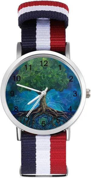 Watch with Metal Buckle Tree tow paperback scowl decompose elliptical biannual of Life Oil Painting Unisex Watch Lightweight Breathable Woven Nylon Wrist Strap 