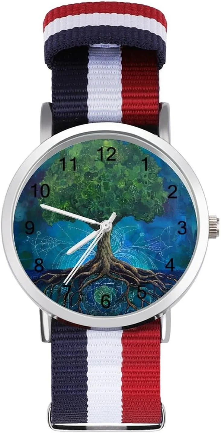 Watch with Metal Buckle Tree tow paperback scowl decompose elliptical biannual of Life Oil Painting Unisex Watch Lightweight Breathable Woven Nylon Wrist Strap 