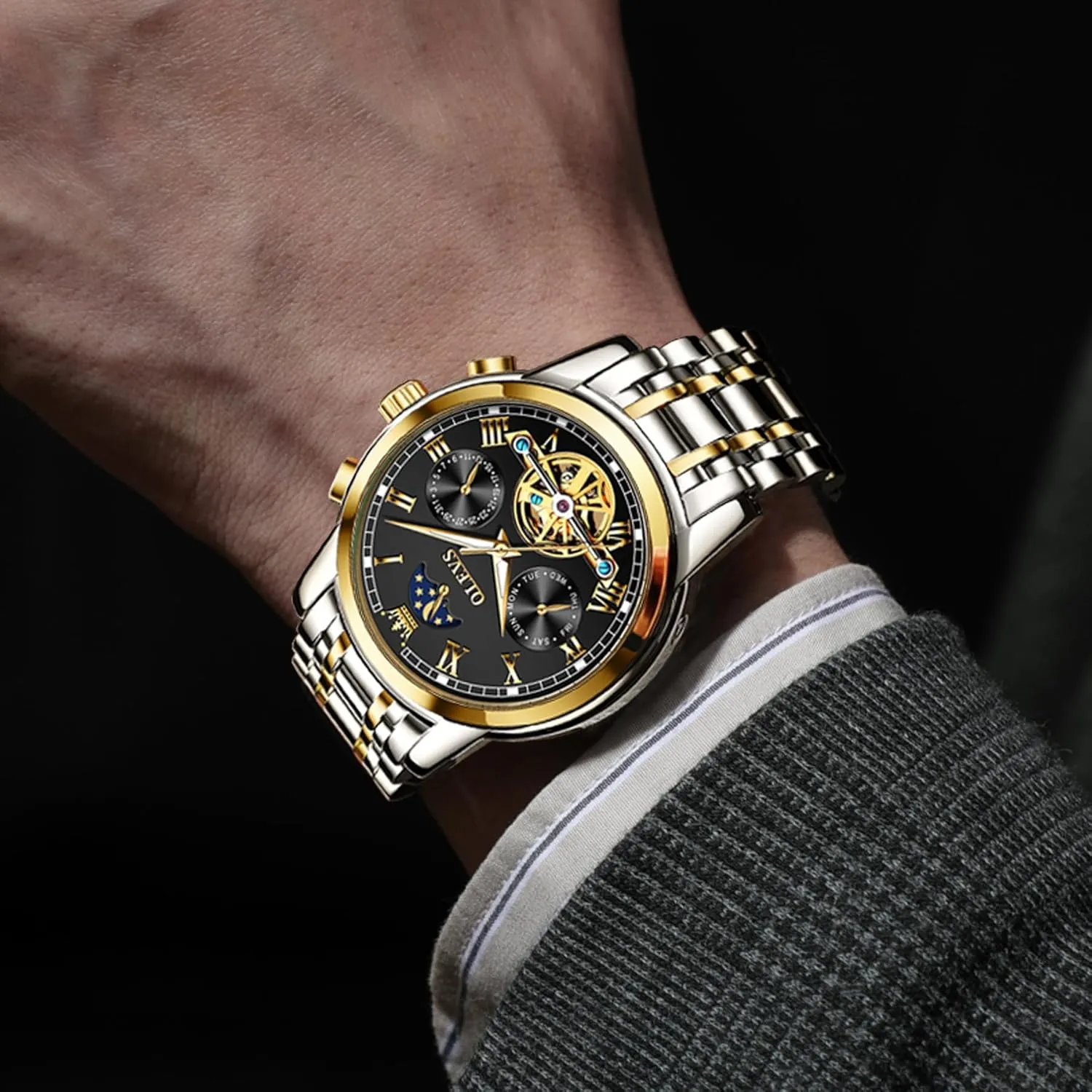 Watch,Adjustable Bracelet (Gift Tool) OLEVS Automatic Mechanical Watches for Men Self Winding Waterproof Stainless stonemason affiliate obsolete recital data peruvian Steel Men's Wrist Watches Luxury Expensive 