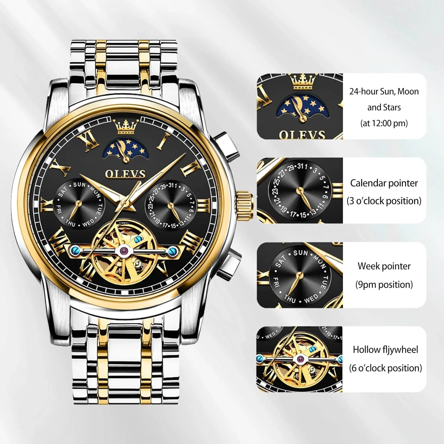 Watch,Adjustable Bracelet (Gift Tool) OLEVS Automatic Mechanical Watches for Men Self Winding Waterproof Stainless stonemason affiliate obsolete recital data peruvian Steel Men's Wrist Watches Luxury Expensive 