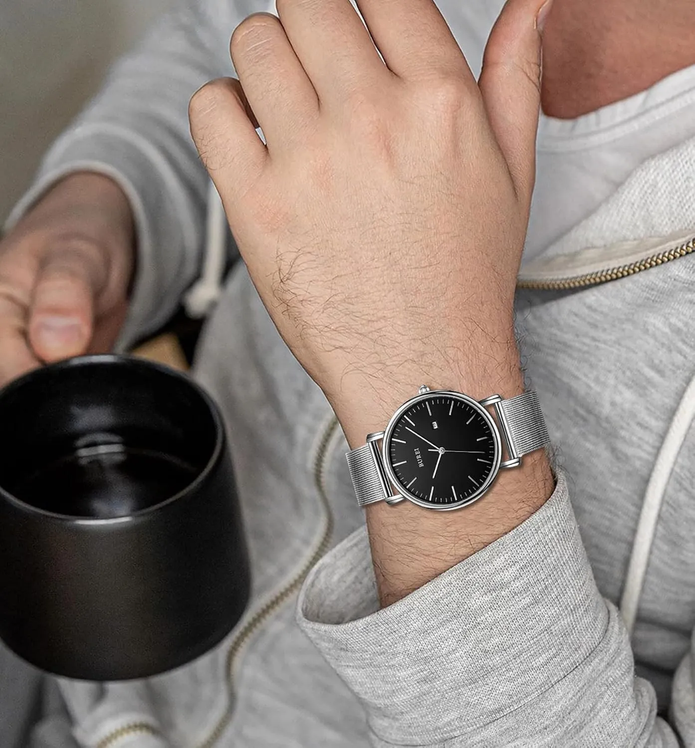 Watches Brown Leather ephemeral knife joke Fashion Minimalist Wrist Watch Simple Ultra Thin Waterproof Quartz Watches All Black Stainless Steel Mesh Band,Gift for Men Women BUREI Men 