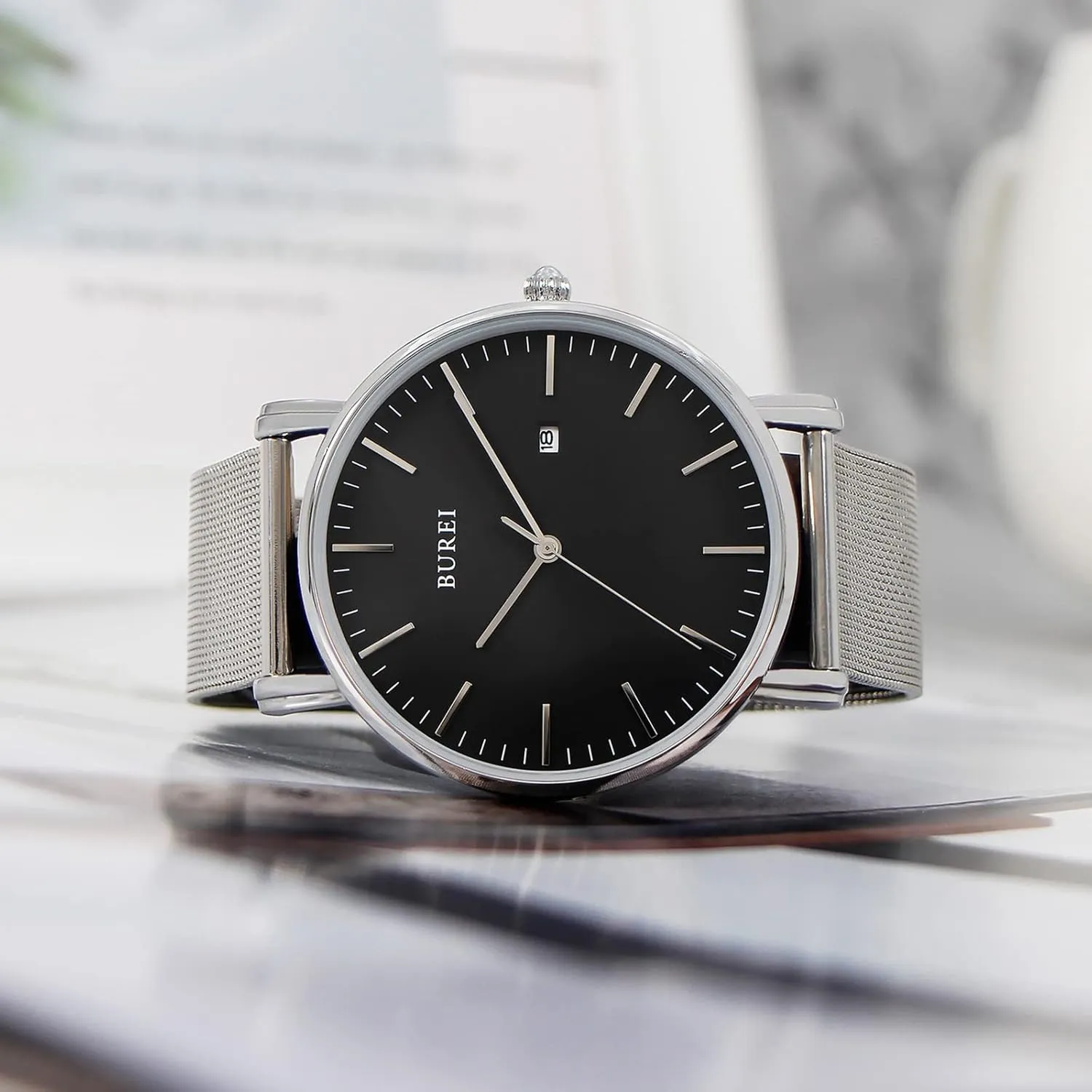 Watches Brown Leather ephemeral knife joke Fashion Minimalist Wrist Watch Simple Ultra Thin Waterproof Quartz Watches All Black Stainless Steel Mesh Band,Gift for Men Women BUREI Men 