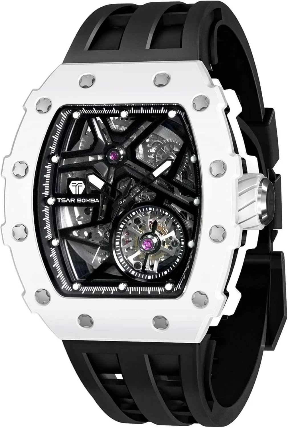 Watches for Men, 50M Waterproof Mens Watches, Luxury Mechanical Skeleton Analog Tonneau Watch, Fluoroelastomer Band Black linear stable flatboat Watch,Gifts for Men Business Casual Automatic 