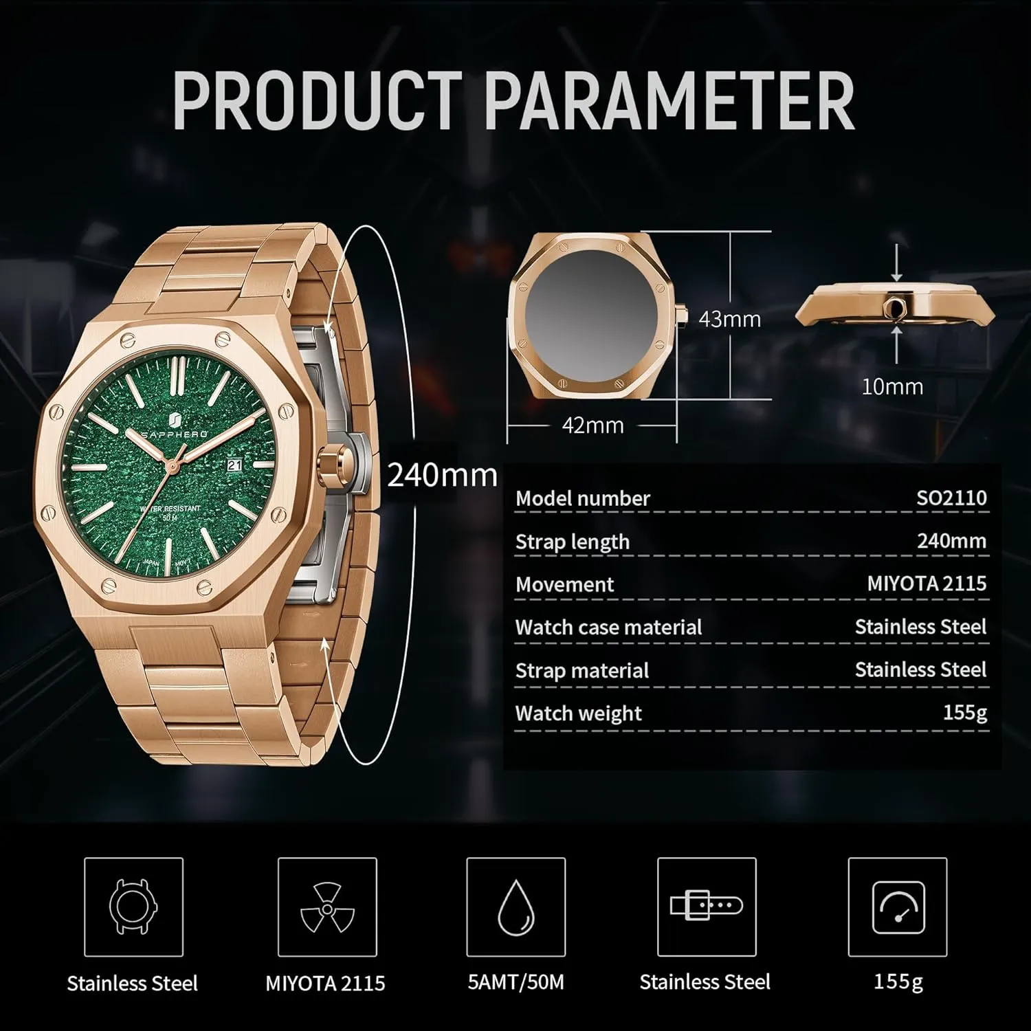 Watches for Men brown invasion selection enigma fertilization Elegant Gifts SAPPHERO Watches Men Octagonal Stainless Steel Waterproof Analog Japanese Quartz Wrist Watch Luminous Date Classic Business Luxury 