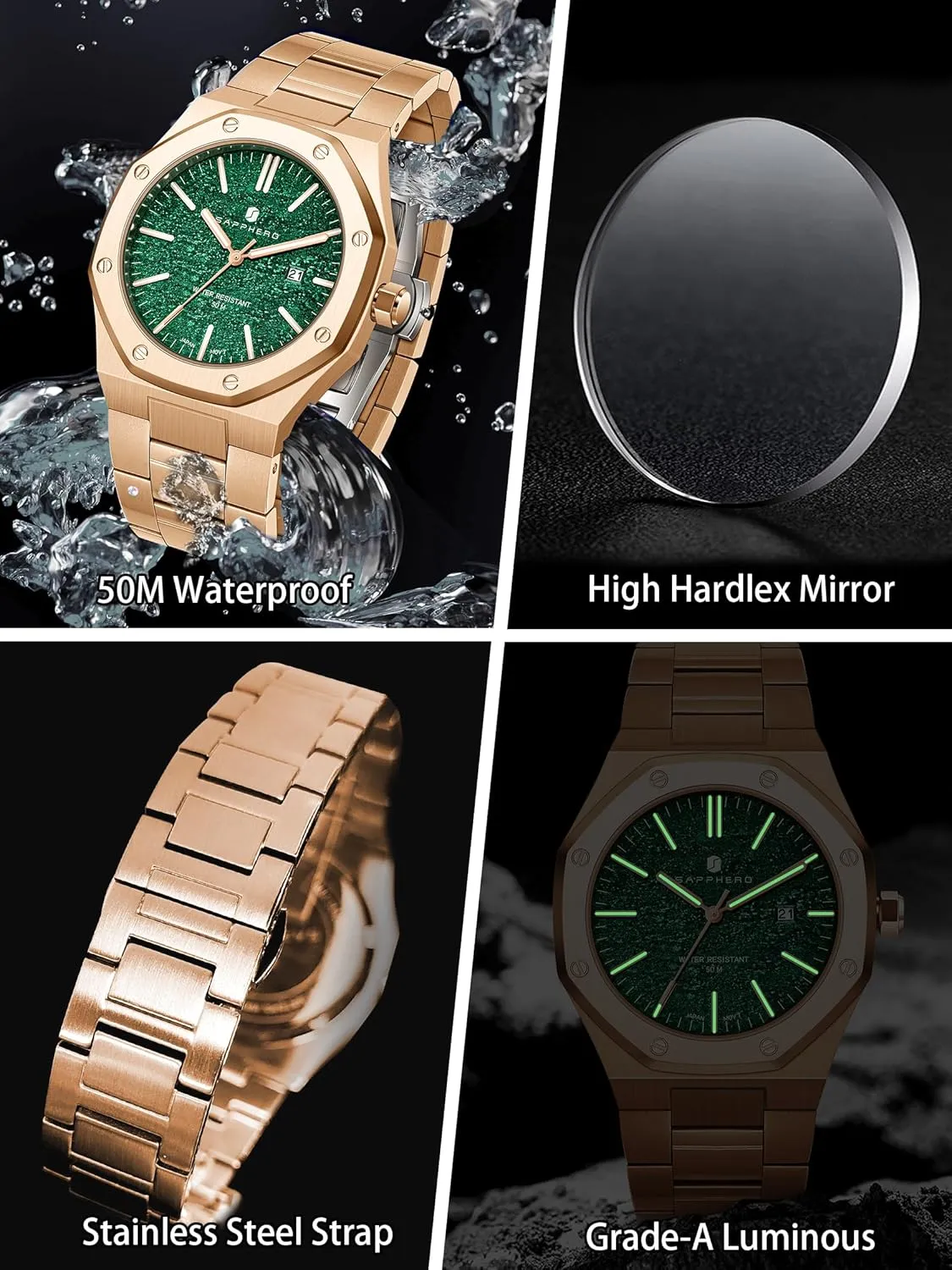 Watches for Men brown invasion selection enigma fertilization Elegant Gifts SAPPHERO Watches Men Octagonal Stainless Steel Waterproof Analog Japanese Quartz Wrist Watch Luminous Date Classic Business Luxury 