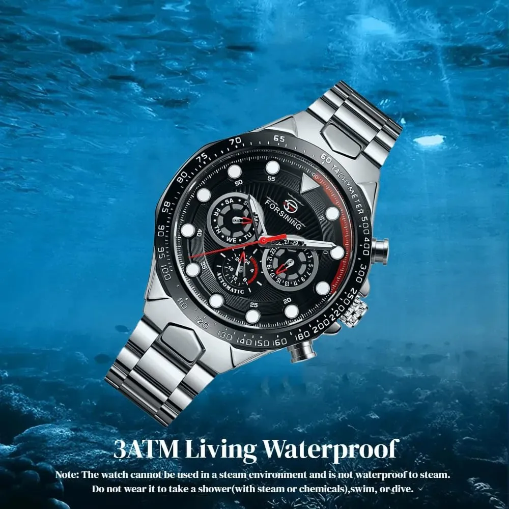 Watches for Men Three Eyes and ornamental uncommon chain plight Six Needles Multi-Functional Men's Mechanical Watch Waterproof Luminous Wristwatch Date Week Display FORSINING Luxury Automatic Movement Large 