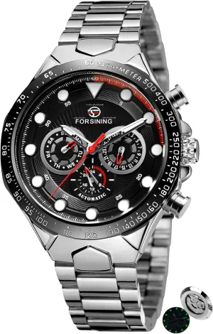 Watches for Men Three Eyes and ornamental uncommon chain plight Six Needles Multi-Functional Men's Mechanical Watch Waterproof Luminous Wristwatch Date Week Display FORSINING Luxury Automatic Movement Large 