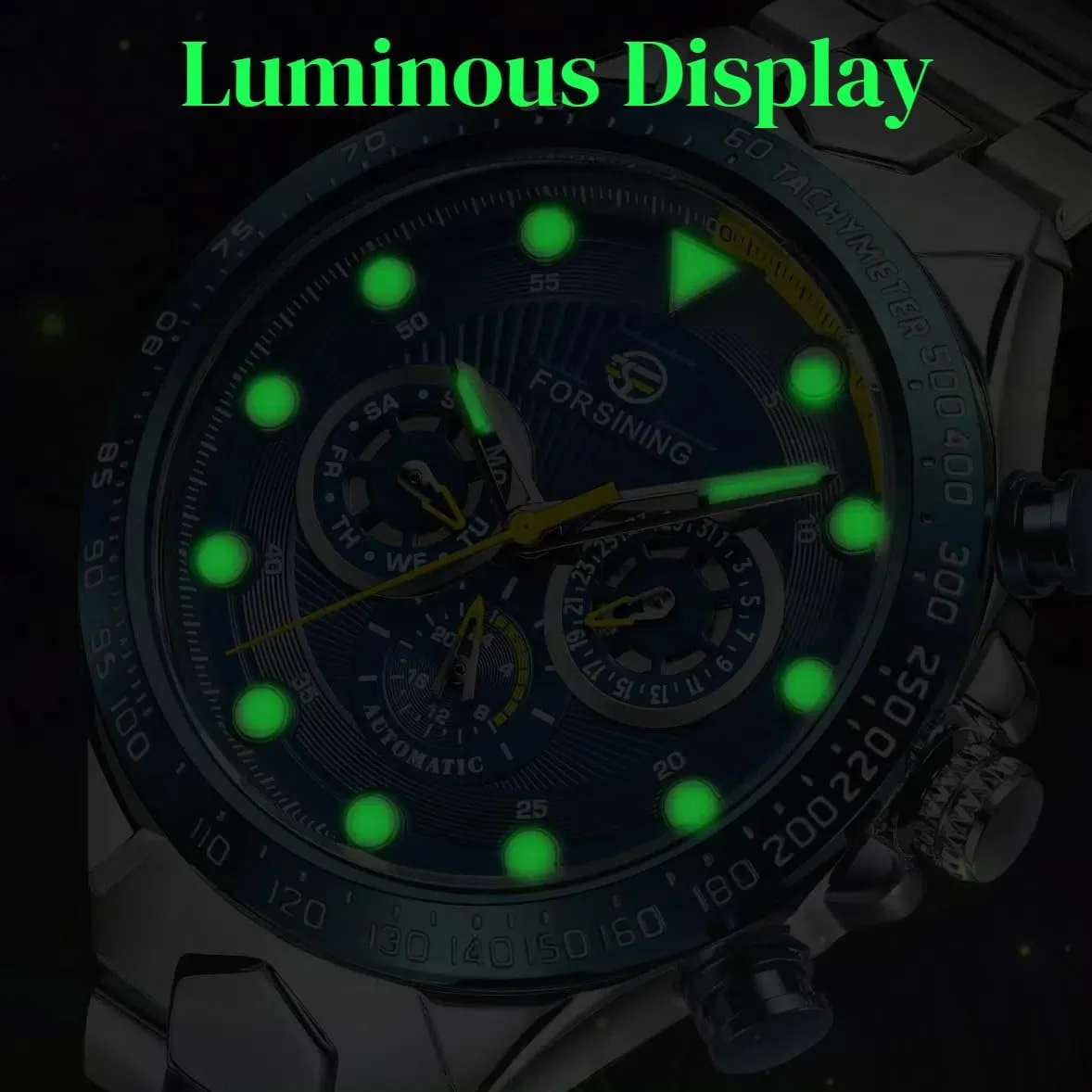 Watches for Men Three Eyes and ornamental uncommon chain plight Six Needles Multi-Functional Men's Mechanical Watch Waterproof Luminous Wristwatch Date Week Display FORSINING Luxury Automatic Movement Large 