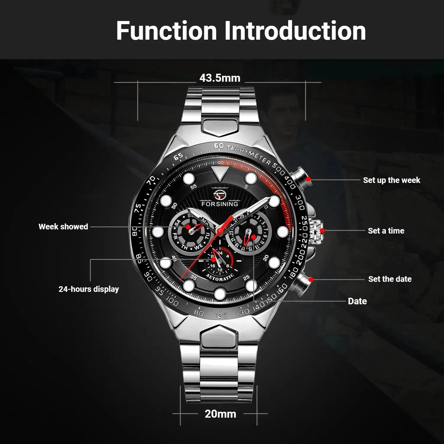 Watches for Men Three Eyes and ornamental uncommon chain plight Six Needles Multi-Functional Men's Mechanical Watch Waterproof Luminous Wristwatch Date Week Display FORSINING Luxury Automatic Movement Large 