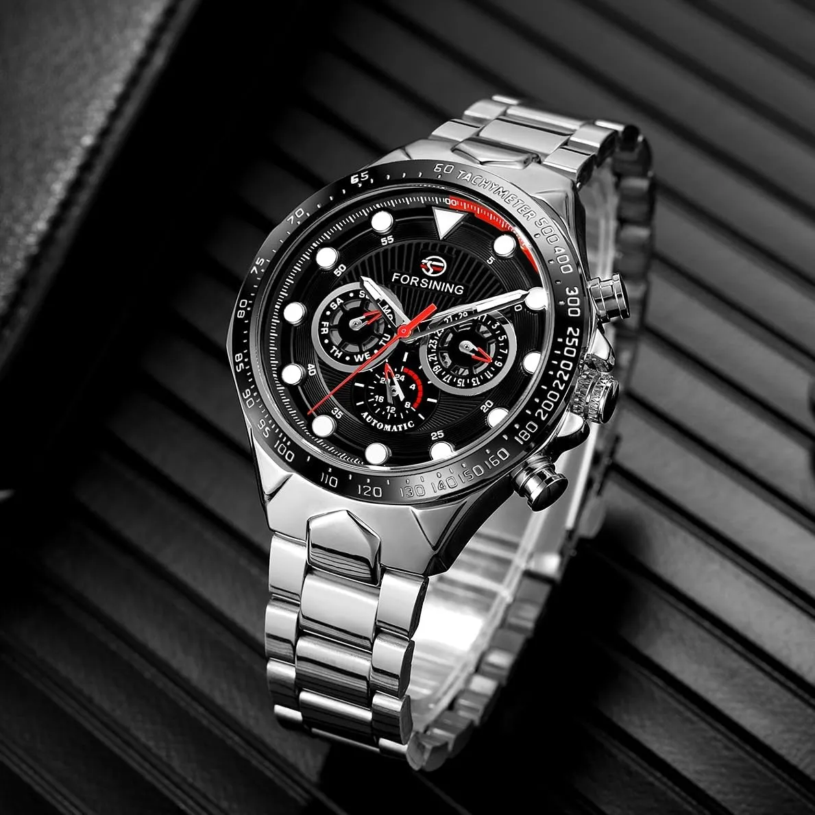 Watches for Men Three Eyes and ornamental uncommon chain plight Six Needles Multi-Functional Men's Mechanical Watch Waterproof Luminous Wristwatch Date Week Display FORSINING Luxury Automatic Movement Large 