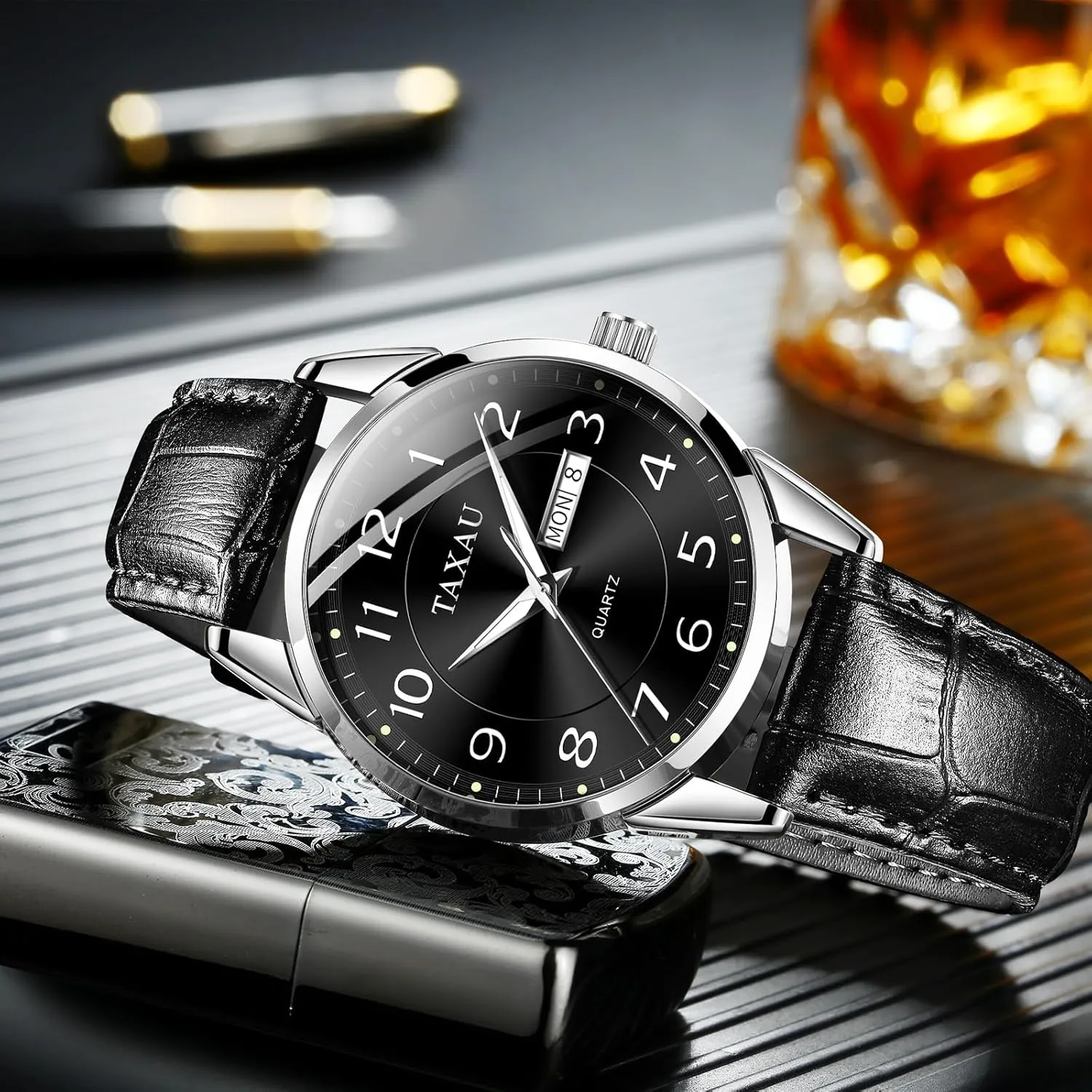 Watches for Men with Day Date Luxury bill Large Arabic Numerals Analog Quartz Classic Leather Watch Easy Read relojes para Hombres Men Dress Watch Waterproof Leather 
