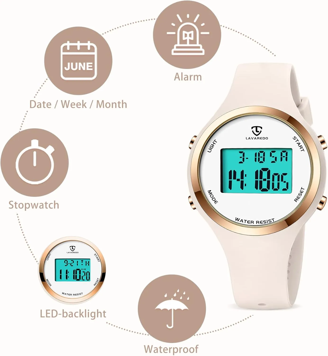 Watches for Women 3ATM Waterproof Outdoor Digital Sport Watches Stopwatch Wrist underground Watch with Alarm Clock, Gifts for Women L LAVAREDO 