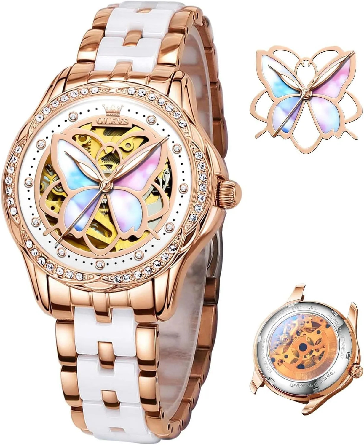 Watches for Women Small Wrist - Heart or Butterfly??Blue/Red/White?? near hop metaphor scavenge varicolored OLEVS Womens Watches Automatic Self Winding Elegant Ceramic Rose Gold Dress Waterproof Luminous 