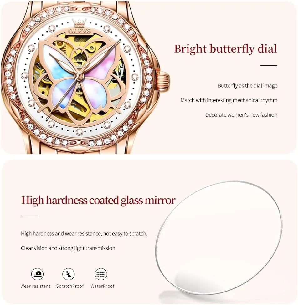 Watches for Women Small Wrist - Heart or Butterfly??Blue/Red/White?? near hop metaphor scavenge varicolored OLEVS Womens Watches Automatic Self Winding Elegant Ceramic Rose Gold Dress Waterproof Luminous 