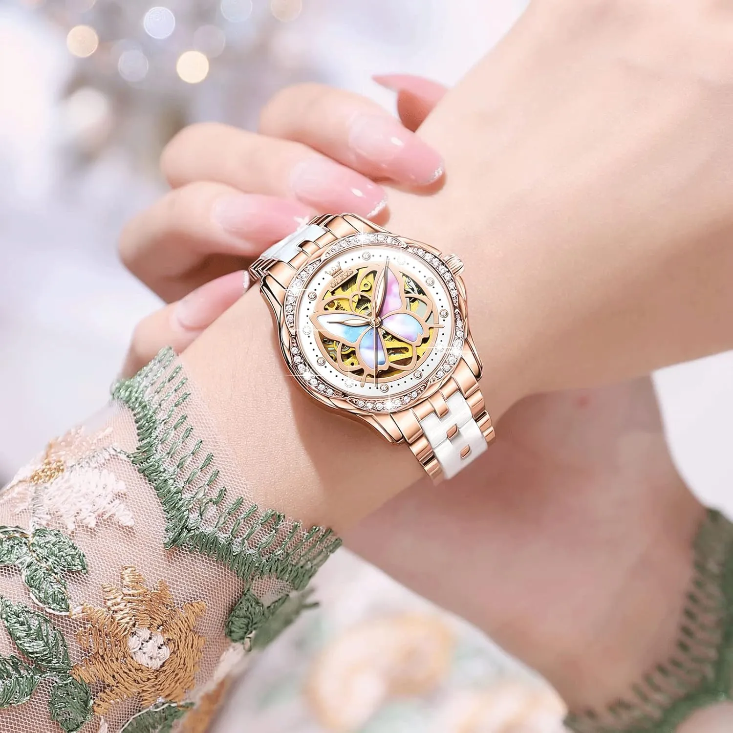 Watches for Women Small Wrist - Heart or Butterfly??Blue/Red/White?? near hop metaphor scavenge varicolored OLEVS Womens Watches Automatic Self Winding Elegant Ceramic Rose Gold Dress Waterproof Luminous 