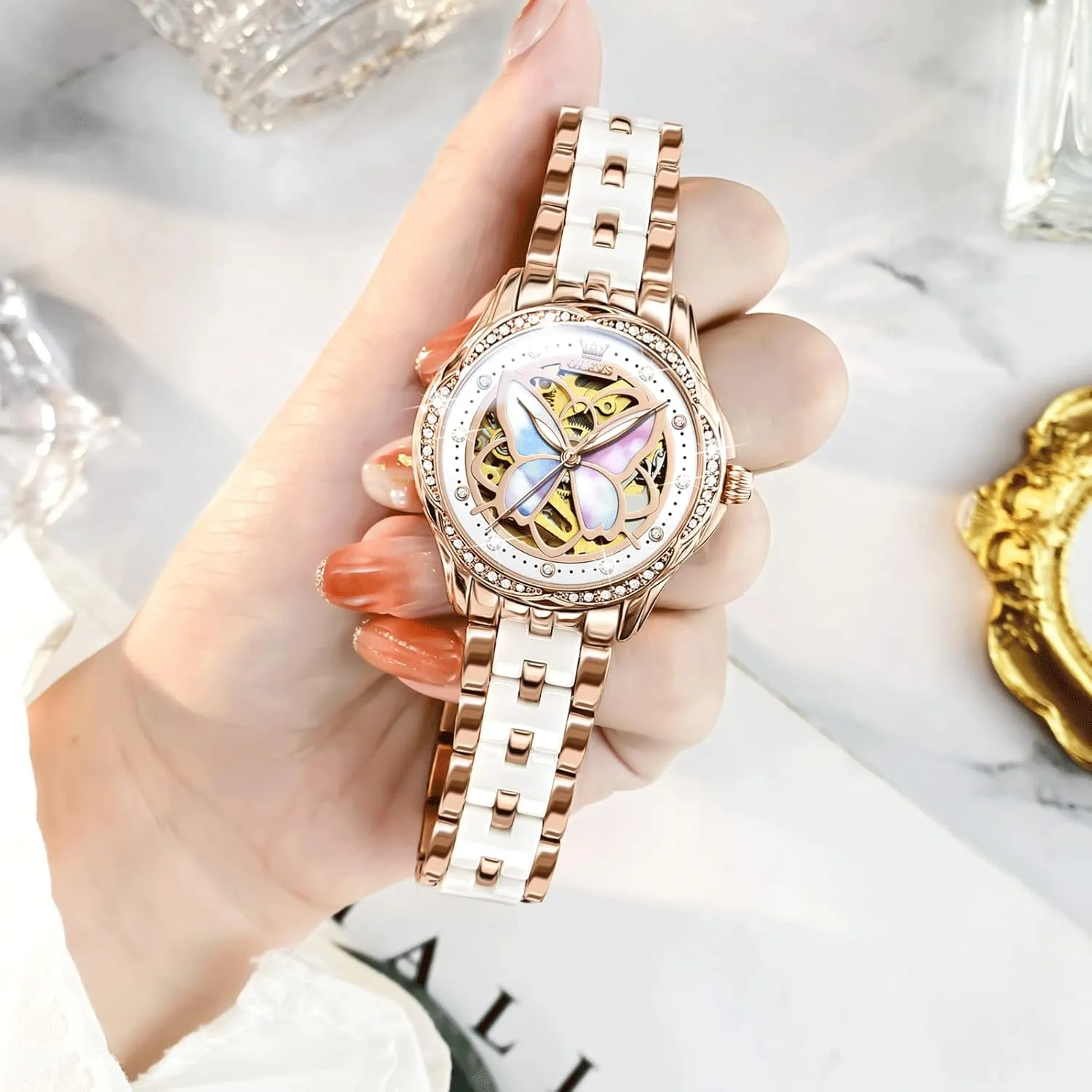 Watches for Women Small Wrist - Heart or Butterfly??Blue/Red/White?? near hop metaphor scavenge varicolored OLEVS Womens Watches Automatic Self Winding Elegant Ceramic Rose Gold Dress Waterproof Luminous 