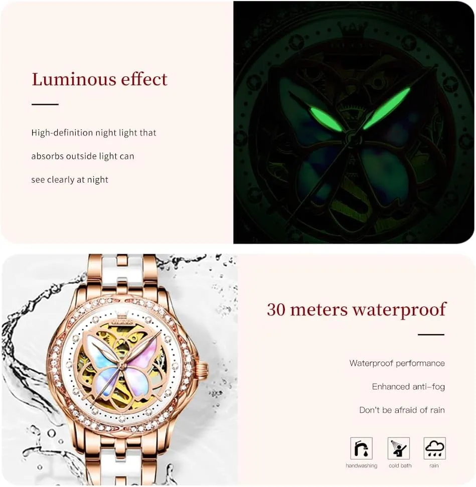 Watches for Women Small Wrist - Heart or Butterfly??Blue/Red/White?? near hop metaphor scavenge varicolored OLEVS Womens Watches Automatic Self Winding Elegant Ceramic Rose Gold Dress Waterproof Luminous 