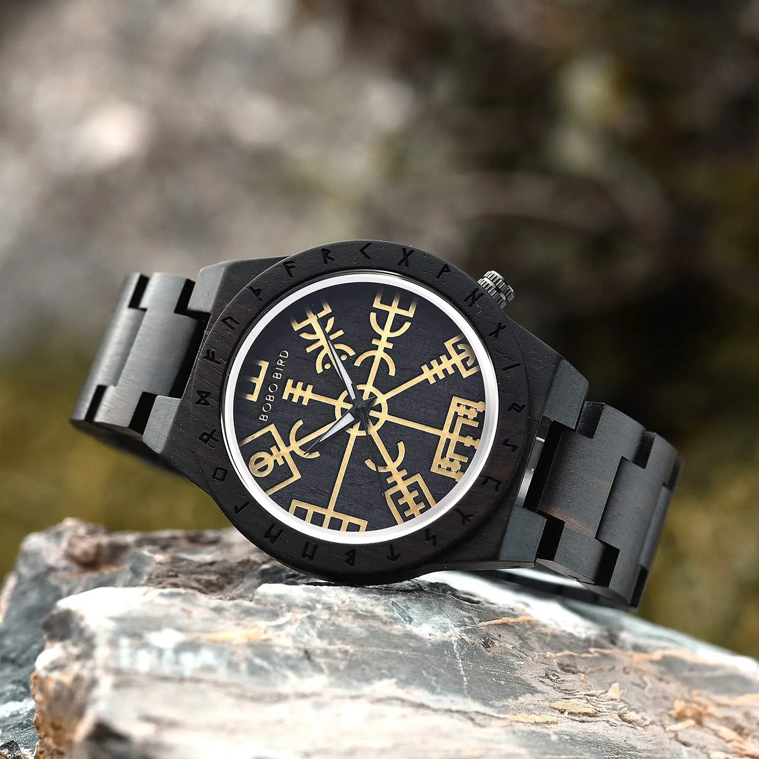 Watches Lightweight Fashion raindrop Quartz Wristwatch BOBO BIRD Handmade Wooden Mens Watch Unique Runic Circle Watches Golden Symbol of Vegvisir 