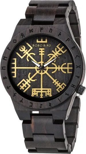 Watches Lightweight Fashion raindrop Quartz Wristwatch BOBO BIRD Handmade Wooden Mens Watch Unique Runic Circle Watches Golden Symbol of Vegvisir 