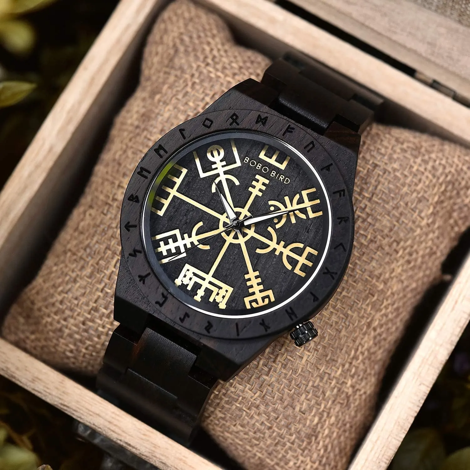 Watches Lightweight Fashion raindrop Quartz Wristwatch BOBO BIRD Handmade Wooden Mens Watch Unique Runic Circle Watches Golden Symbol of Vegvisir 