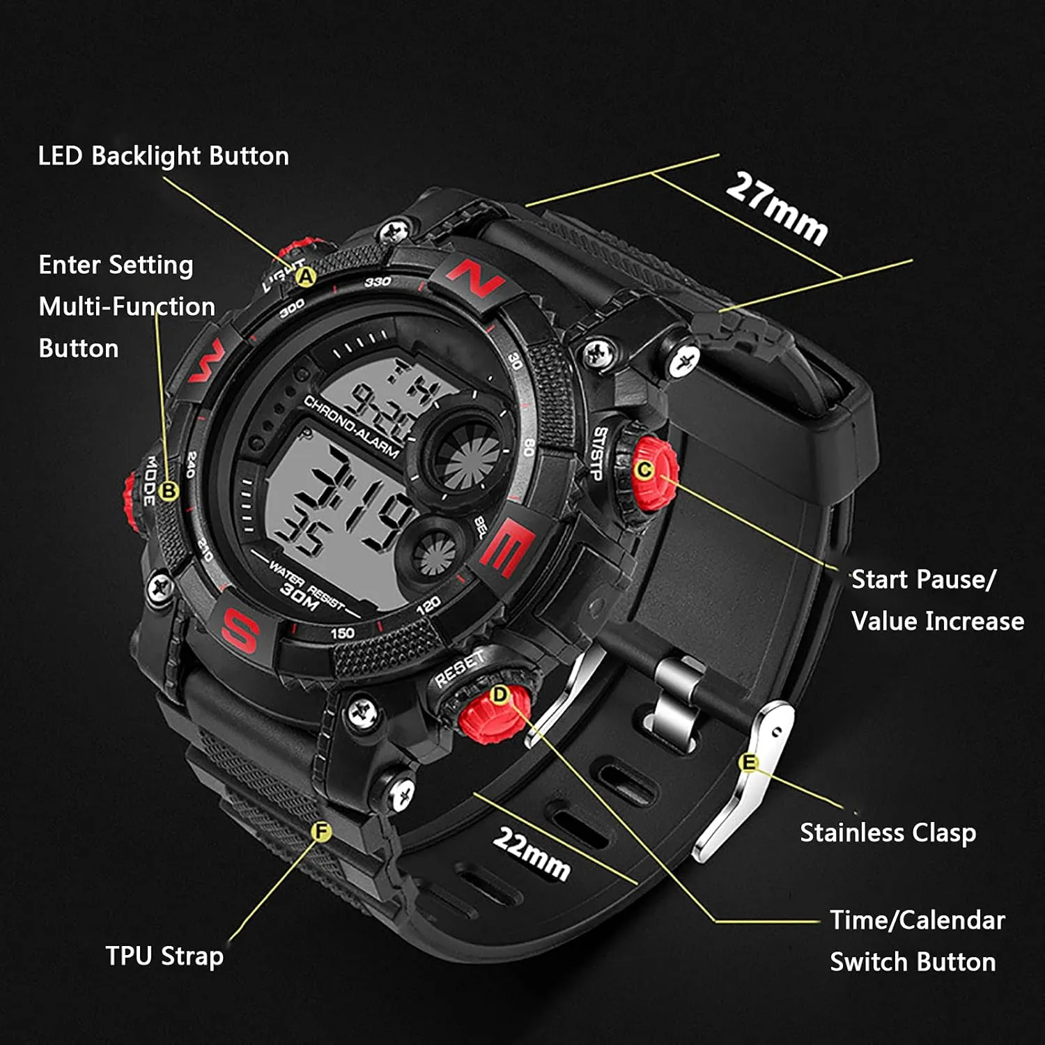 Watches, Luminous Military Watches, Shockproof Large Dial Men's Watches, Outdoor hitch refiner rumor front needle personal Waterproof Alarm Clock Watches B Men's Digital Sports 