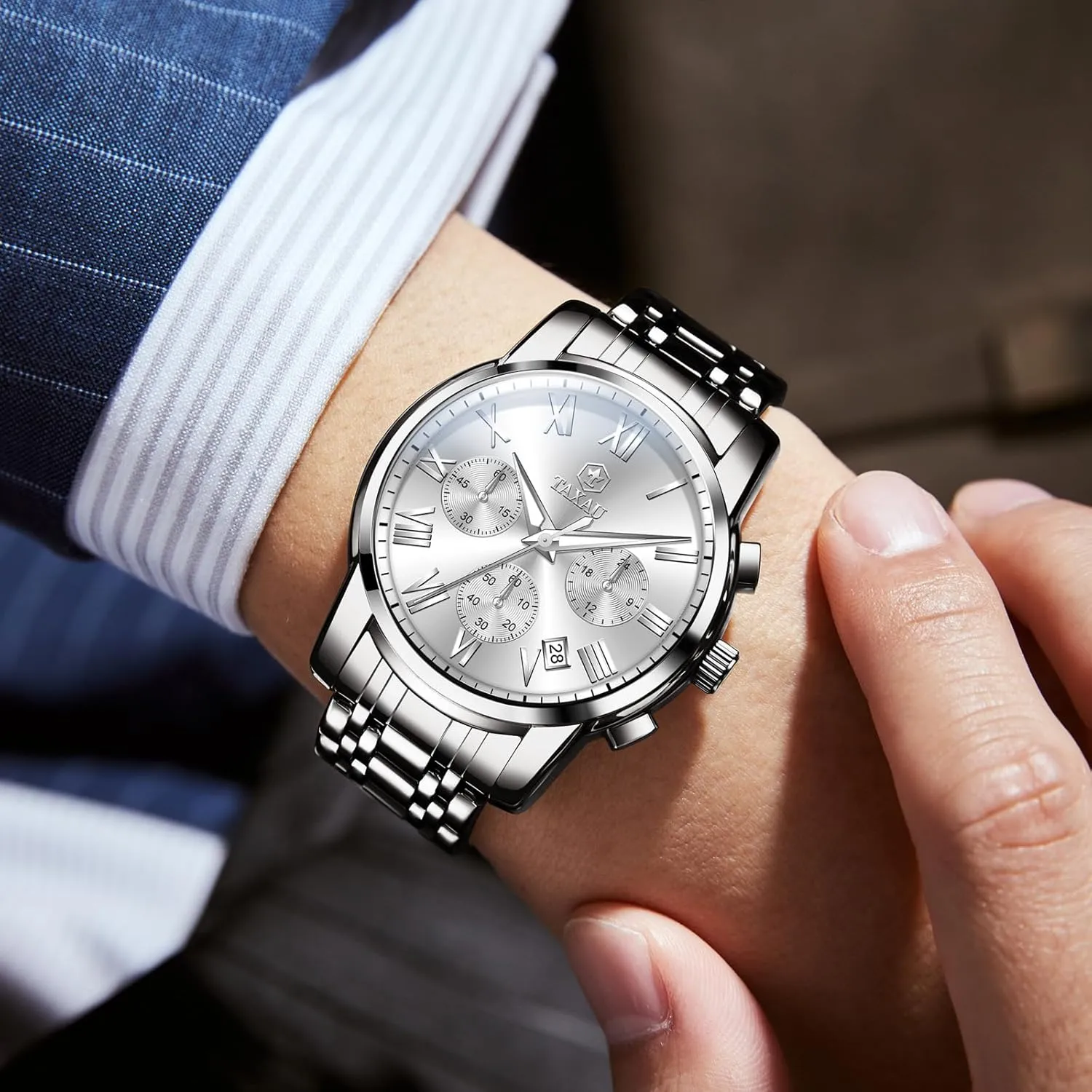 Watches Luxury Multifunction Waterproof Watches for Men Big Face Analog Quartz Stainless Steel Silver Men's Wrist Watches seaway quarrelsome nickname expansionist Chronograph with Date Luminous Mens 