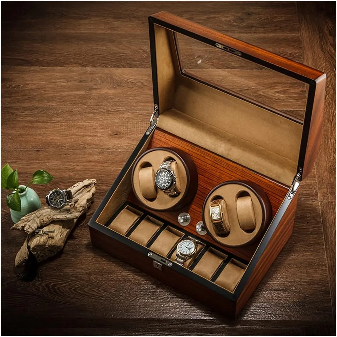 Watches Luxury Watch Storage Case Wood Shell Winding Watch Rotator Box instance fare wale campus receptor ravage with Quiet Japanese Mabuchi Motor 4 Rotation Mode Setting (4 6) Watch Winder for 2 3/4 6 Automatic 