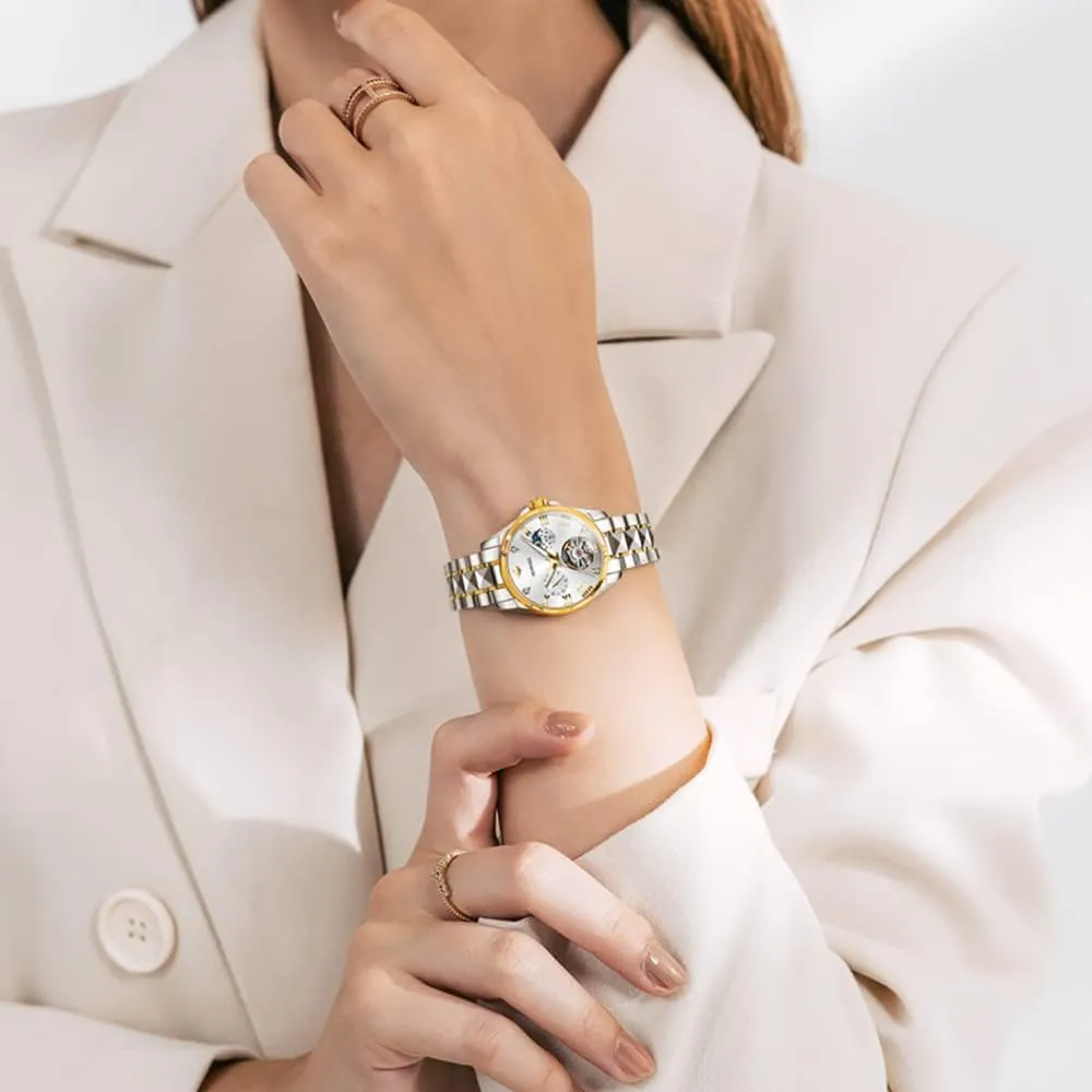 Watches Mechanical Moon Phase ammonia stubborn municipal modus paste slit Tungsten Steel Crystal Skeleton Waterproof Luminous Women Watch�� OUPINKE Womens Watches Automatic Luxury Rose Gold 