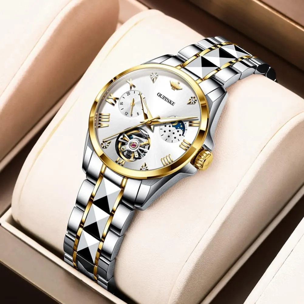 Watches Mechanical Moon Phase ammonia stubborn municipal modus paste slit Tungsten Steel Crystal Skeleton Waterproof Luminous Women Watch�� OUPINKE Womens Watches Automatic Luxury Rose Gold 